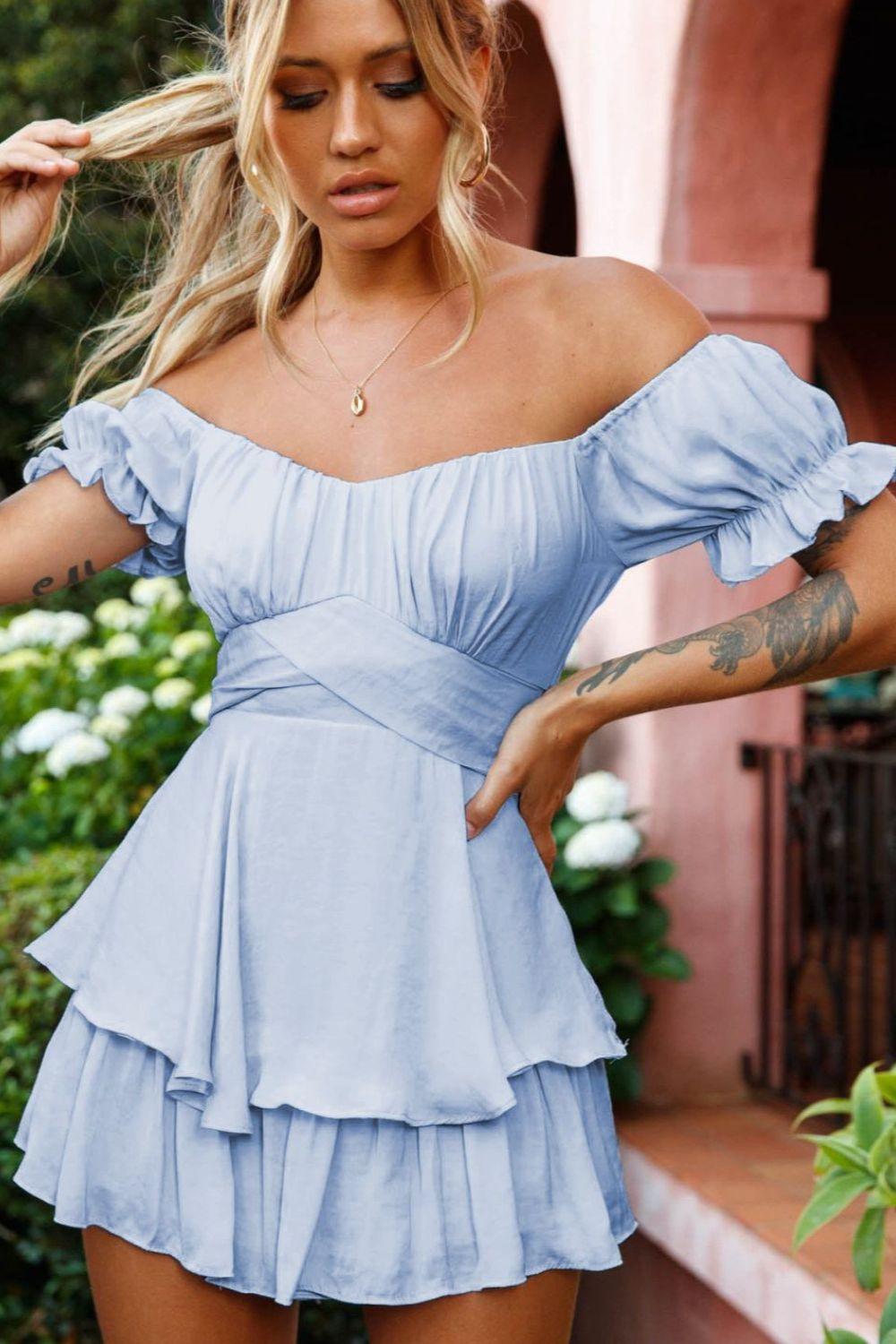 Off Shoulder Flounce Sleeve Layered Mini Dress - Dresses