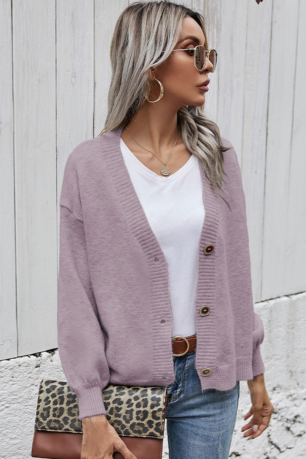 V-Neck Button-Down Dropped Shoulder Cardigan - Cardigan