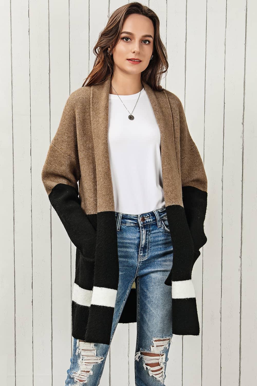 Color Block Open front Longline Cardigan - Cardigan