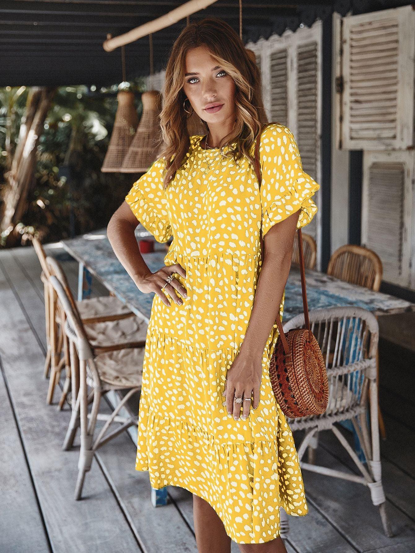 Printed Round Neck Tiered Knee length Dress - Dresses