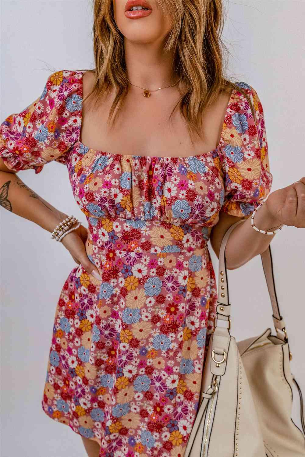 Floral Square Neck Open Back Mini Dress - Dresses