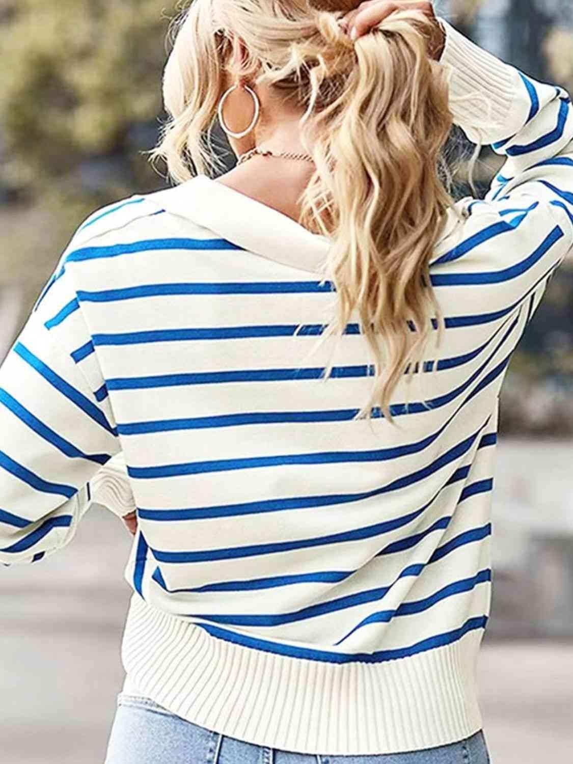 Striped Collared Neck Knit Top - Top