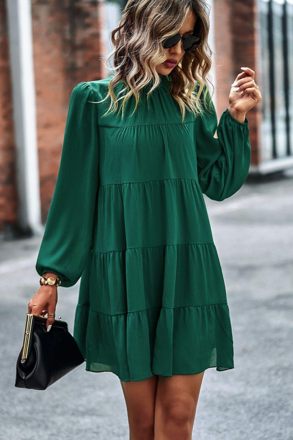 Tied Ruffle Collar Long Puff Sleeve Mini Dress - Dresses