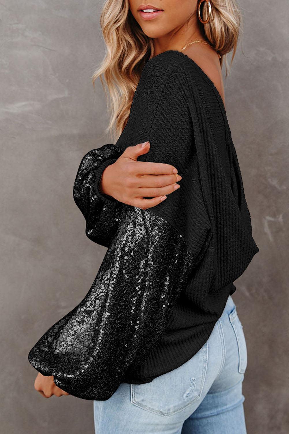 Sequin Waffle-Knit Blouse - Blouse