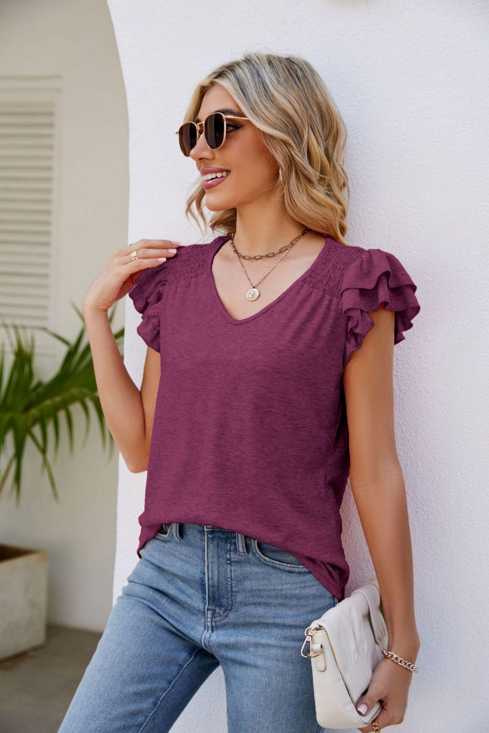 Smocked Layered Ruffle Flutter Sleeve V-Neck Top - Top