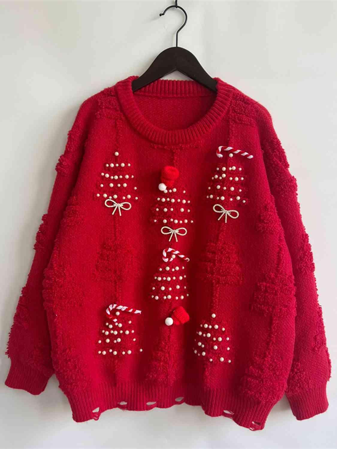 Pearl Detail Christmas Tree Sweater - Sweater