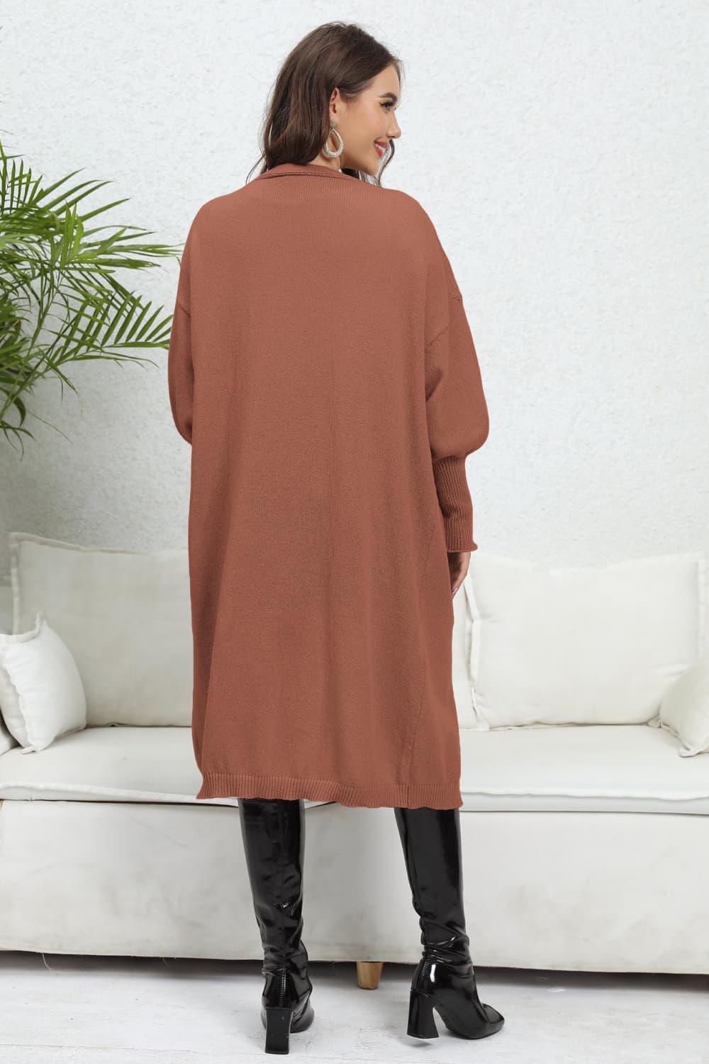 Lantern Sleeve Open Front Pocketed Cardigan - Cardigan