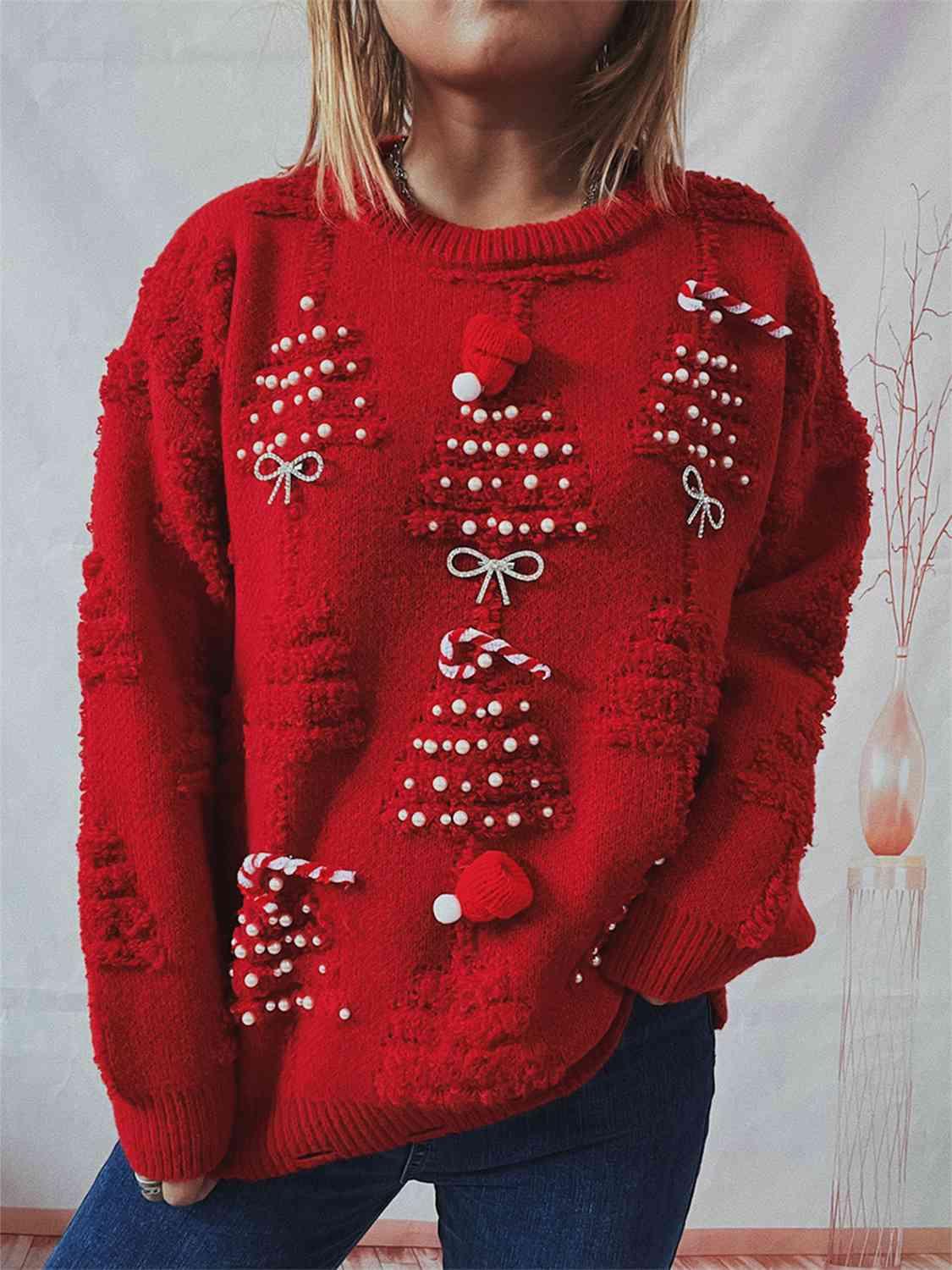 Pearl Detail Christmas Tree Sweater - Sweater