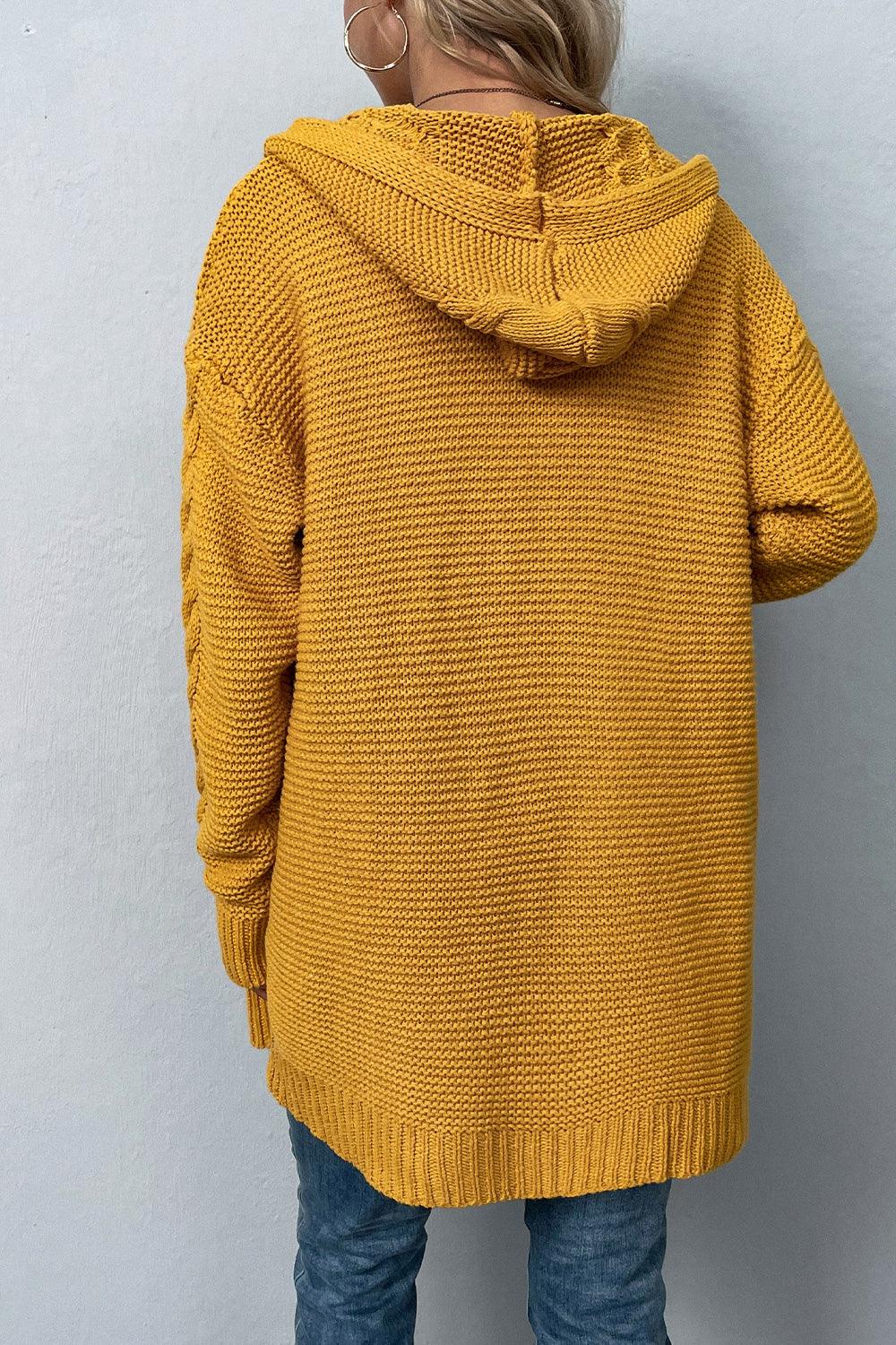 Cable-Knit Open Front Hooded Cardigan - Cardigan