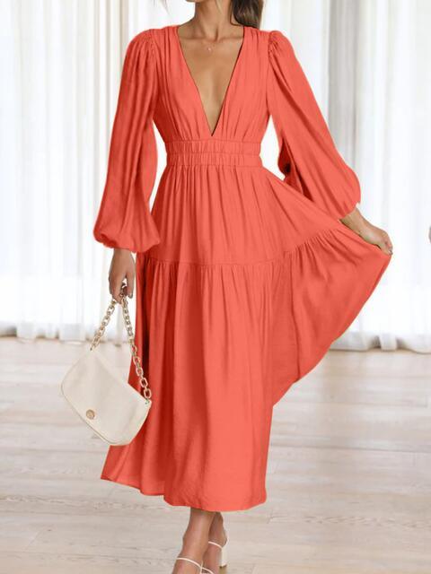 Deep V-Neck Balloon Sleeve Maxi Dress - Dresses