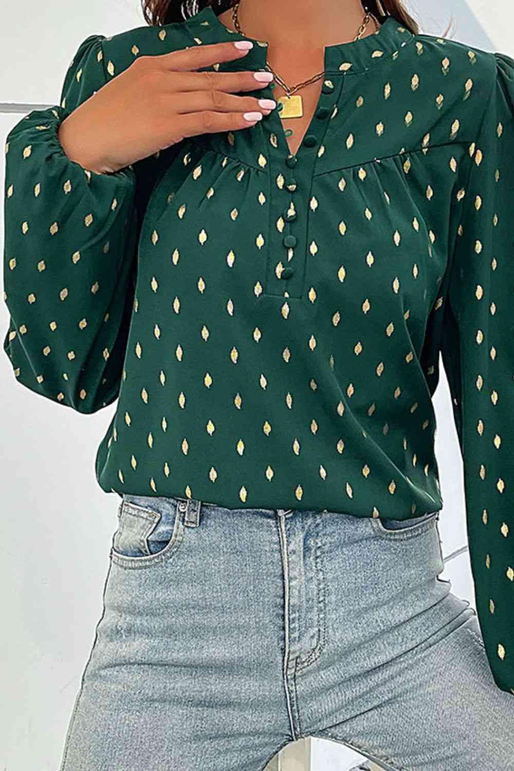 Printed Buttoned Puff Sleeve Blouse - Blouse