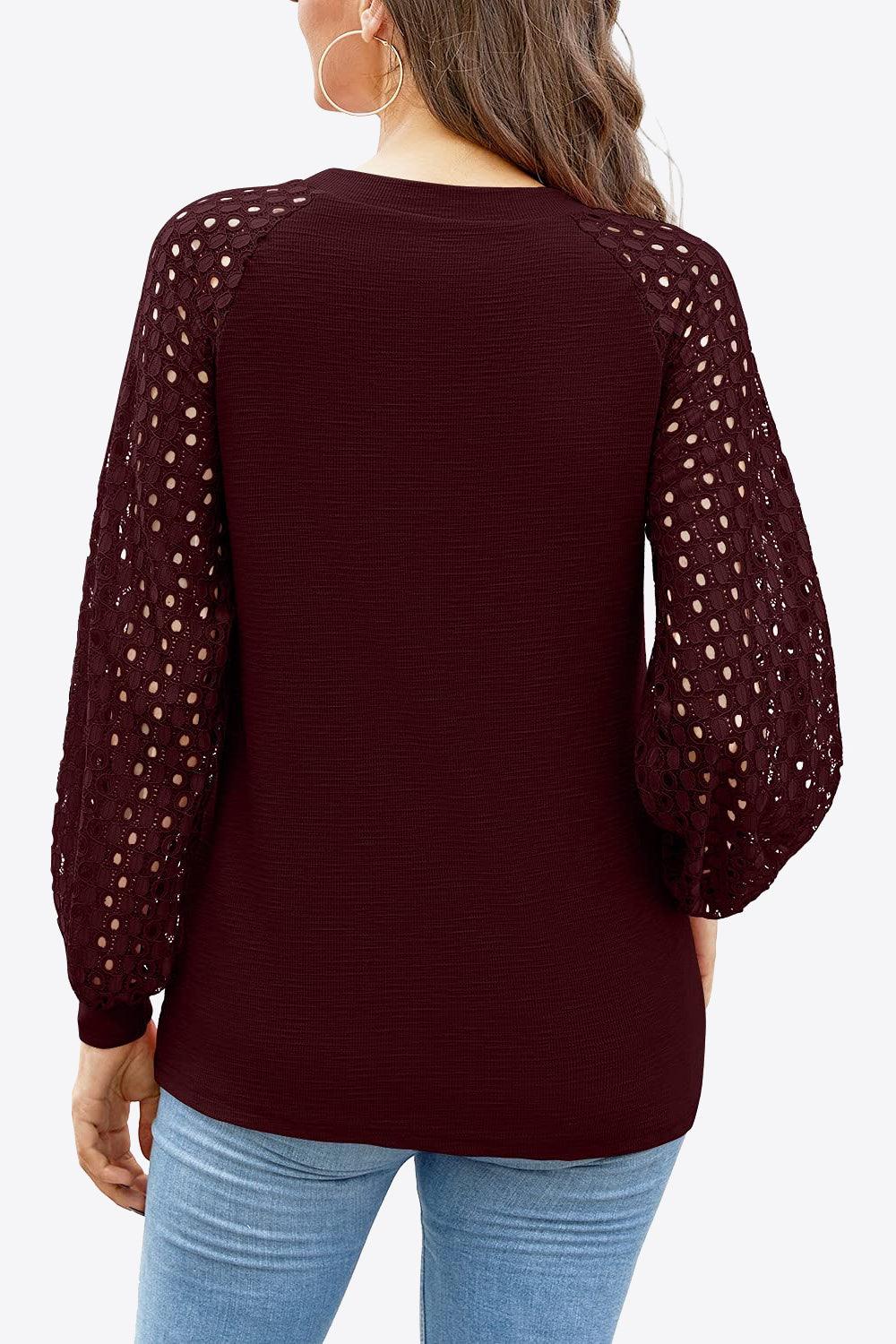 Eyelet Long Raglan Sleeve Round Neck Tee - Top