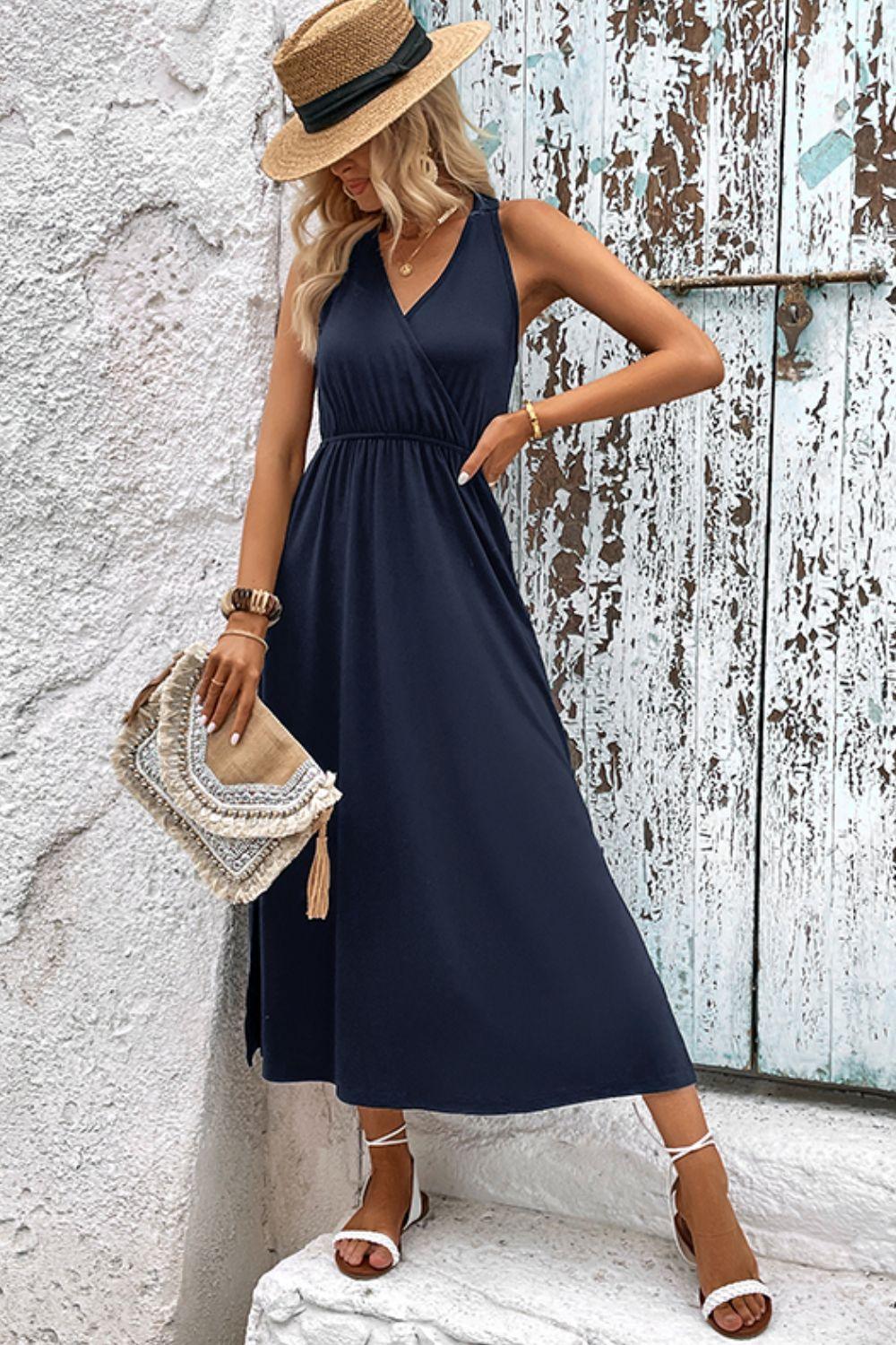 Surplice Neck Slit Sleeveless Midi Dress - Dresses