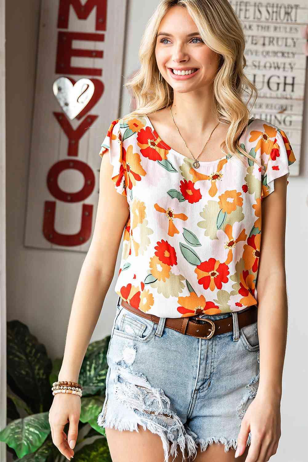 Floral Flutter Sleeve Round Neck Top - Top