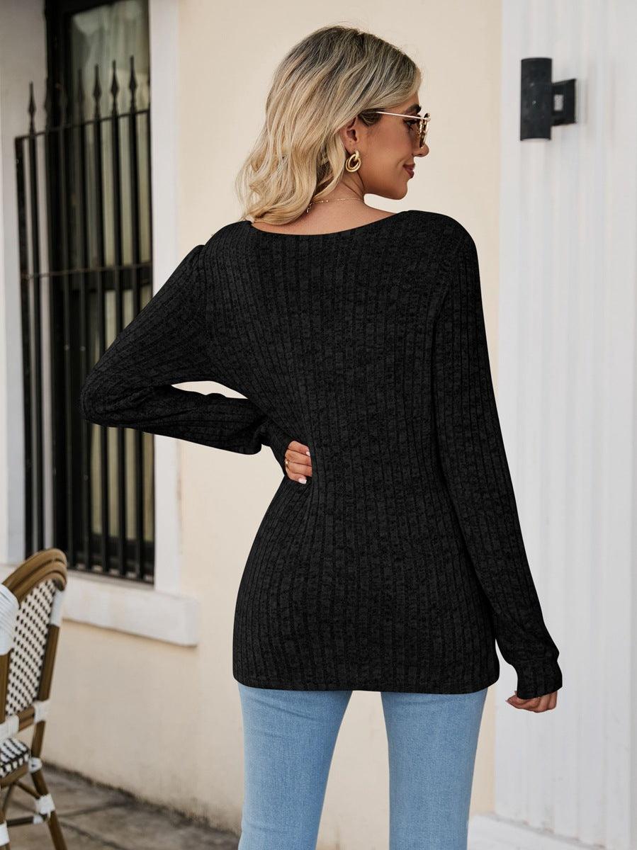 Square Neck Ribbed Long Sleeve Top - Top