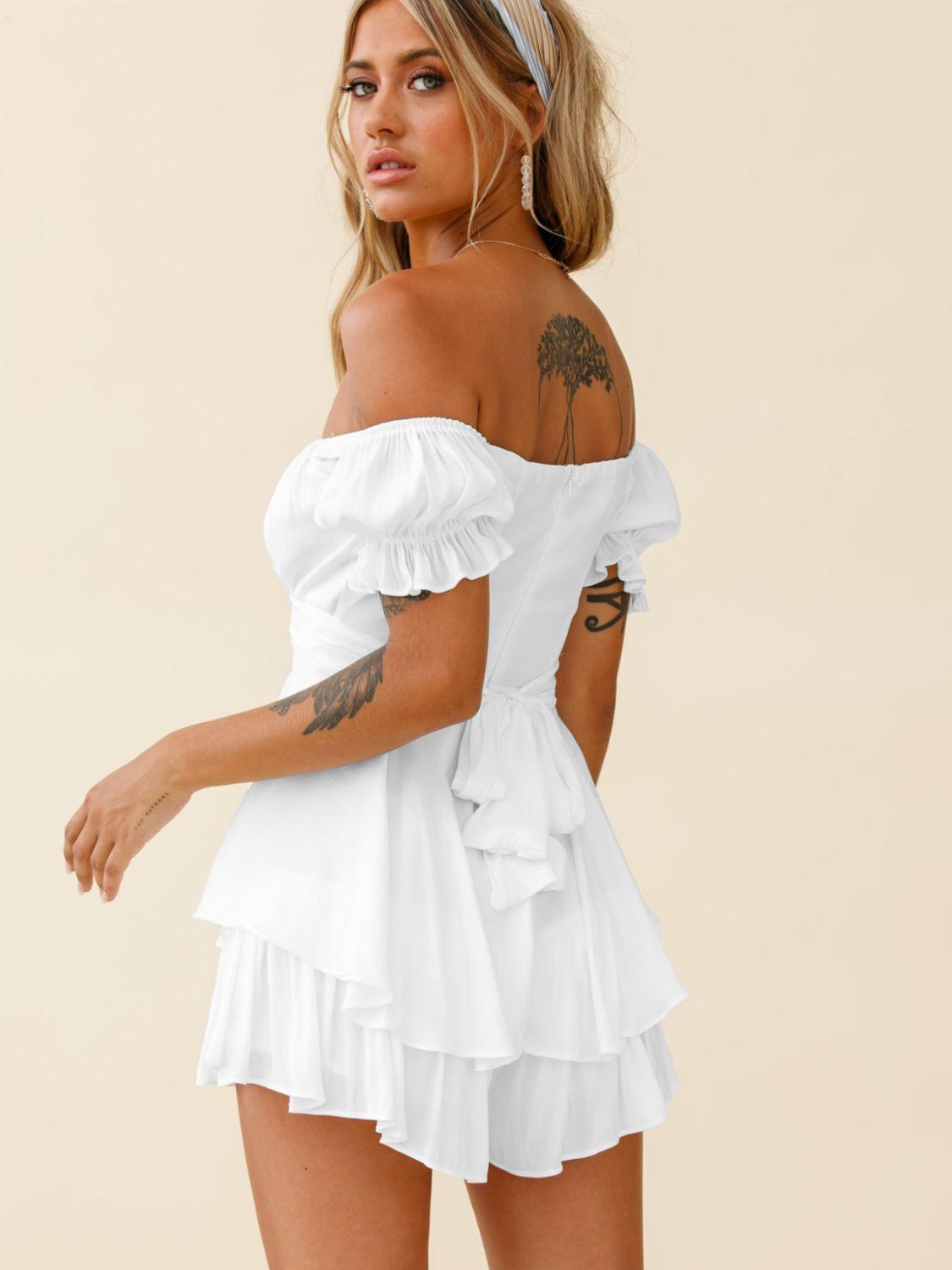 Off Shoulder Flounce Sleeve Layered Mini Dress - Dresses