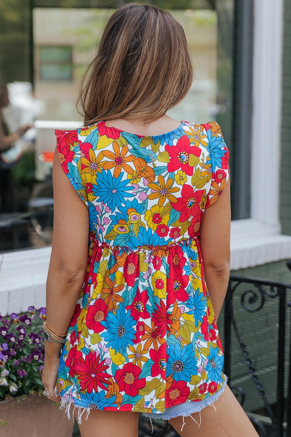 Ruffled Floral Notched Tank - Tank