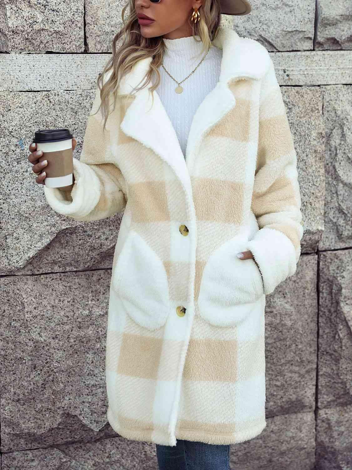 Plaid Button Down Coat with Pockets - Coat