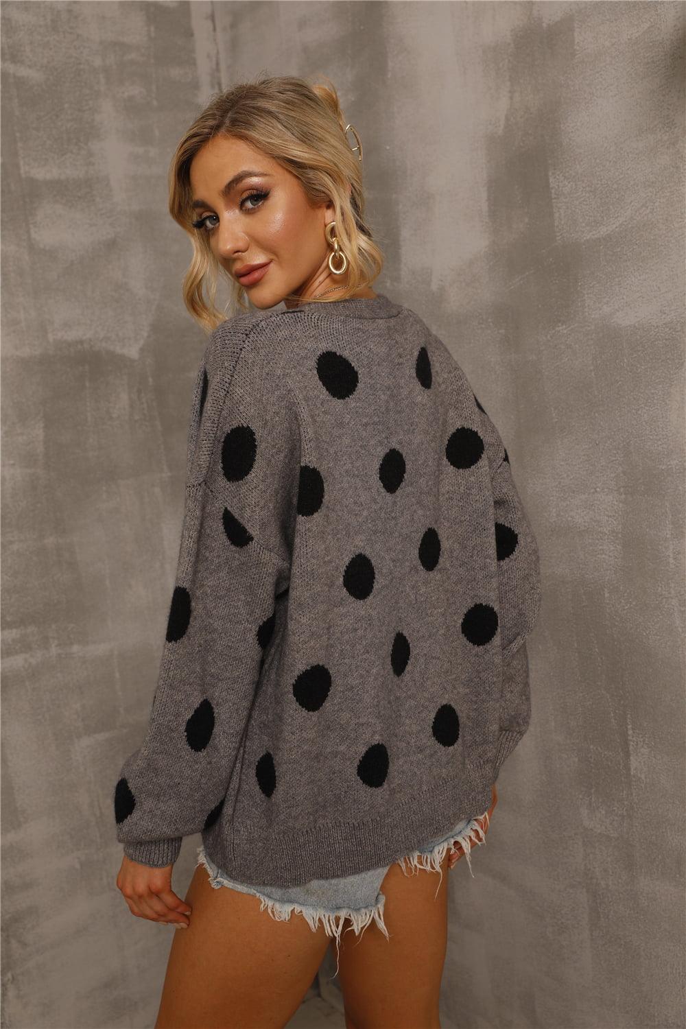 Dropped Shoulder Open Front Polka Dot Cardigan - Cardigan