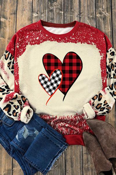 Heart Leopard Round Neck Sweatshirt - Sweatshirt