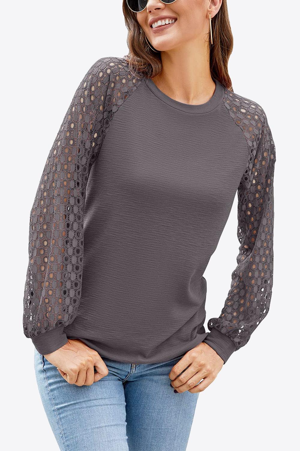 Eyelet Long Raglan Sleeve Round Neck Tee - Top