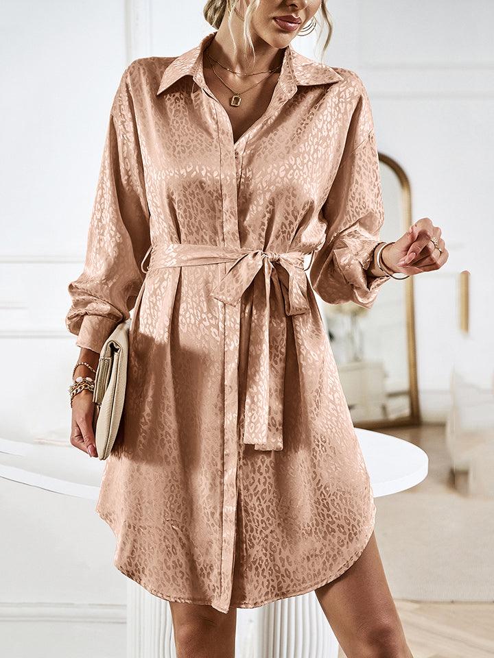 Leopard Tie Waist Collared Neck Shirt Dress - Dresses