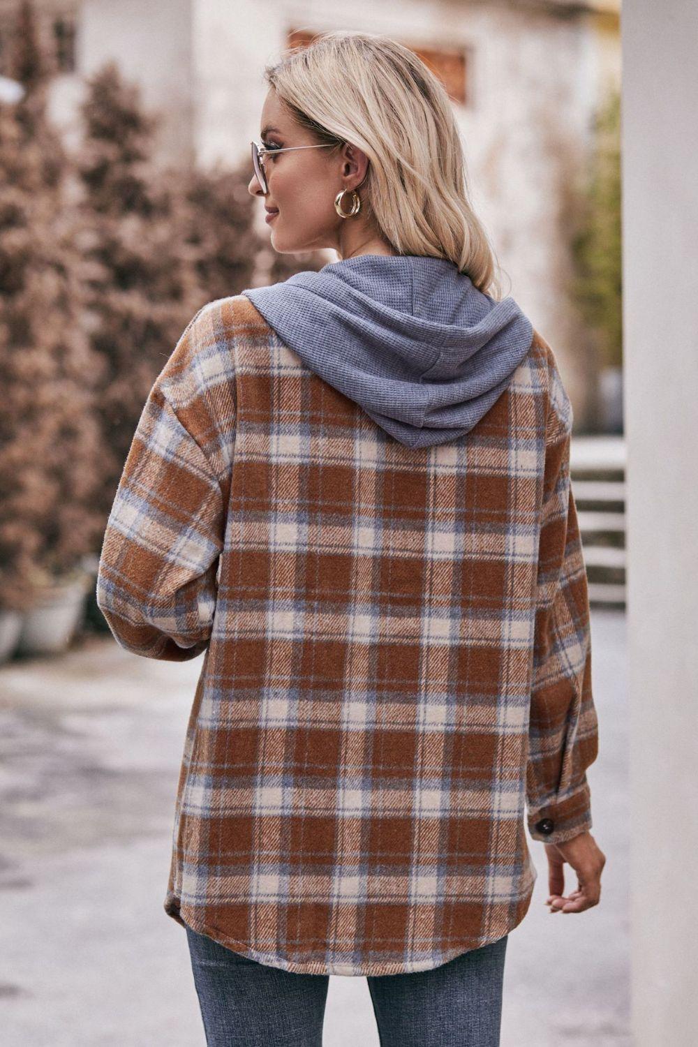 Plaid Dropped Shoulder Hooded Longline Shirt Jacket - Jacket