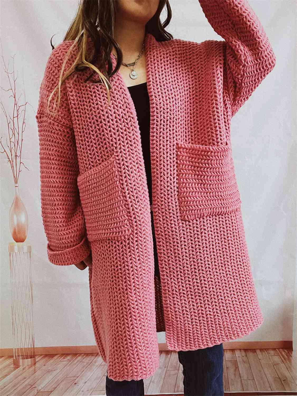 Open Front Long Sleeve Cardigan with Pockets - Cardigan