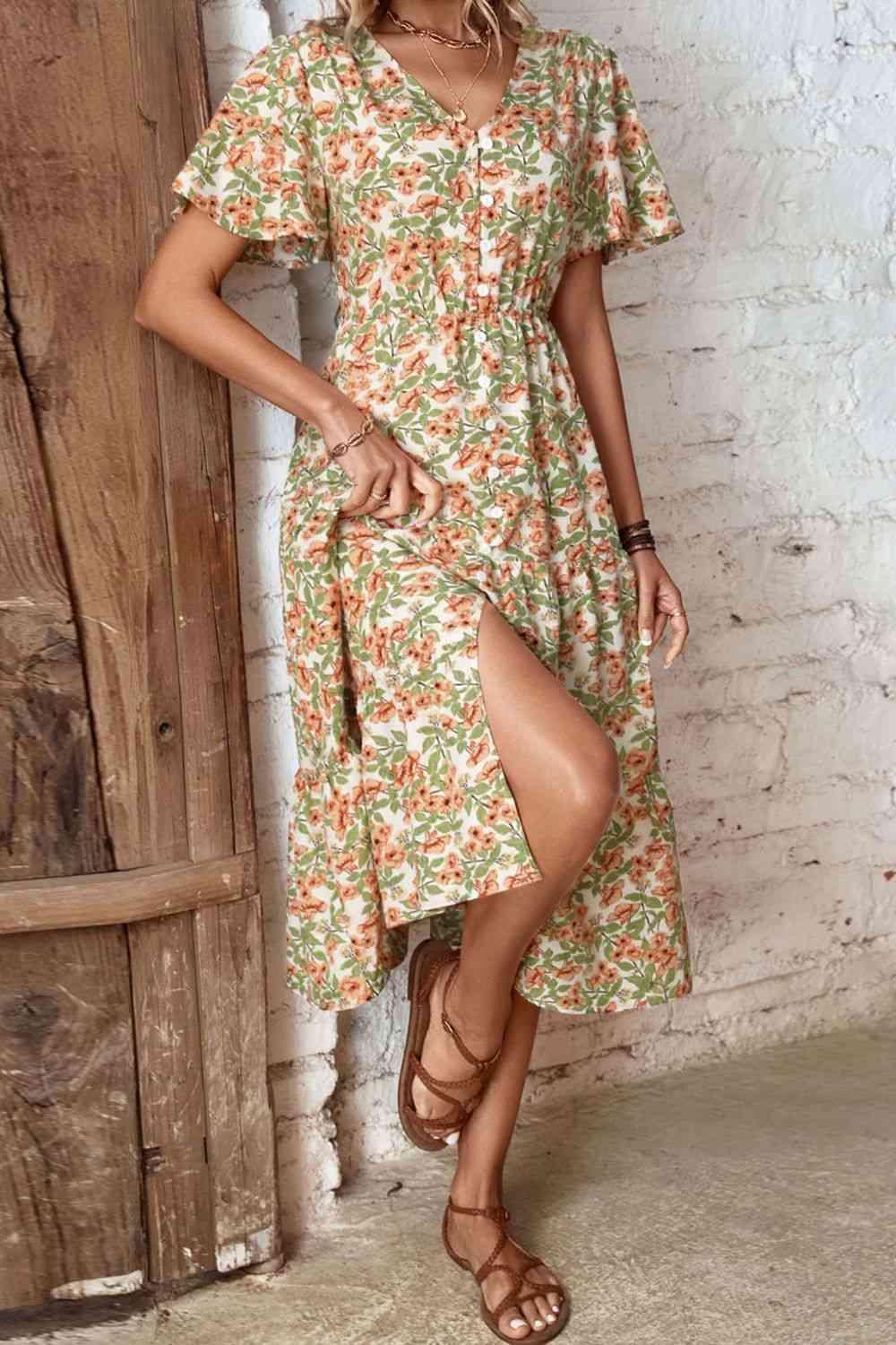 Floral V-Neck Front Slit Shirt Midi Dress - Dresses