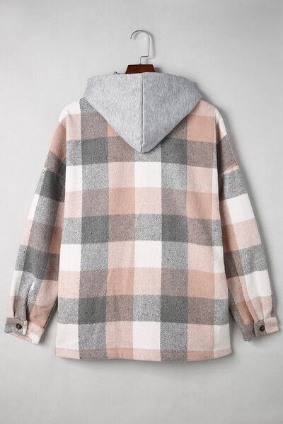 Button Up Plaid Hooded Shacket - Jacket