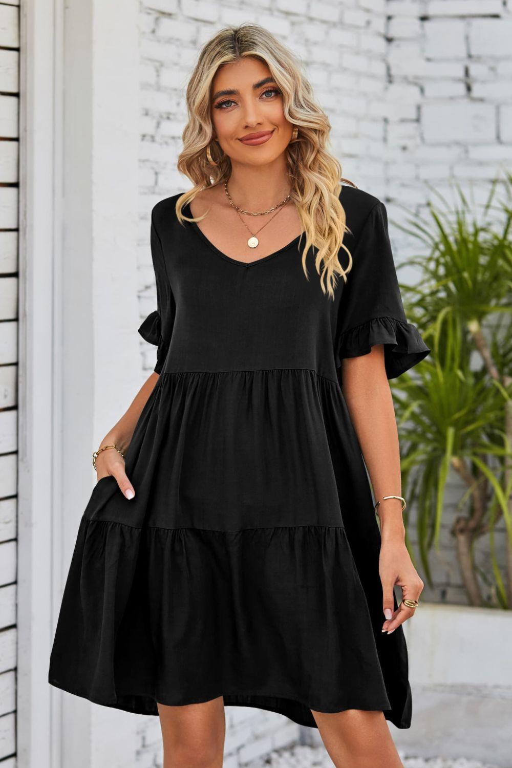 V-Neck Flounce Sleeve Knee Length Ruffle Tiered Dress - Dresses