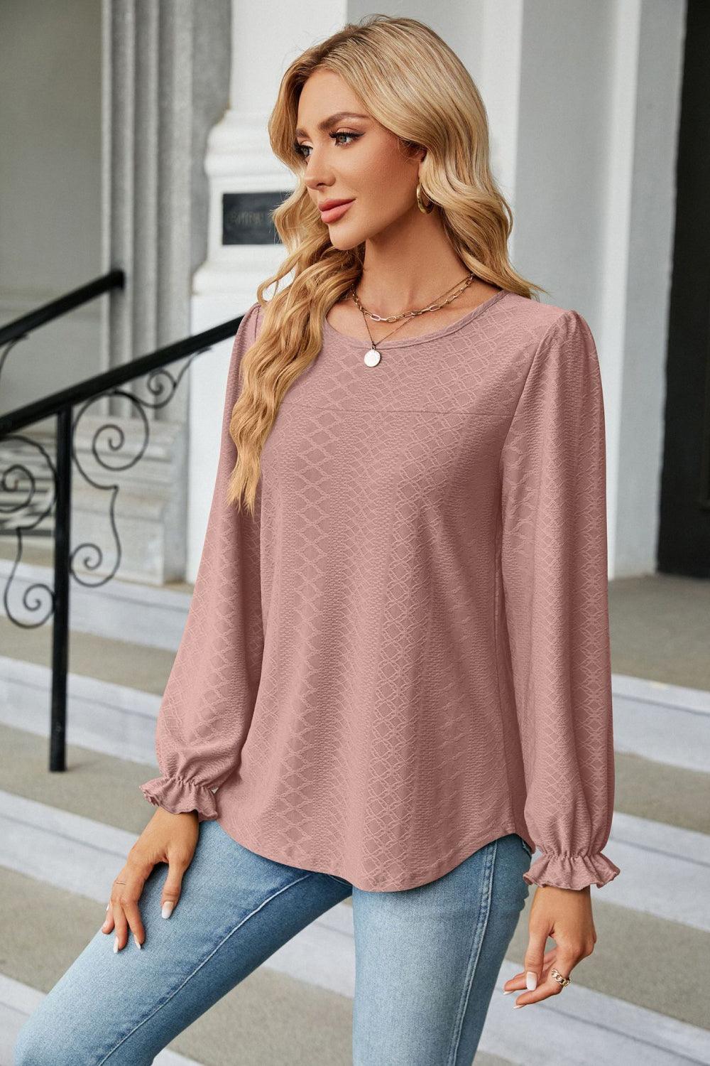 Round Neck Long Flounce Sleeve Top - Top