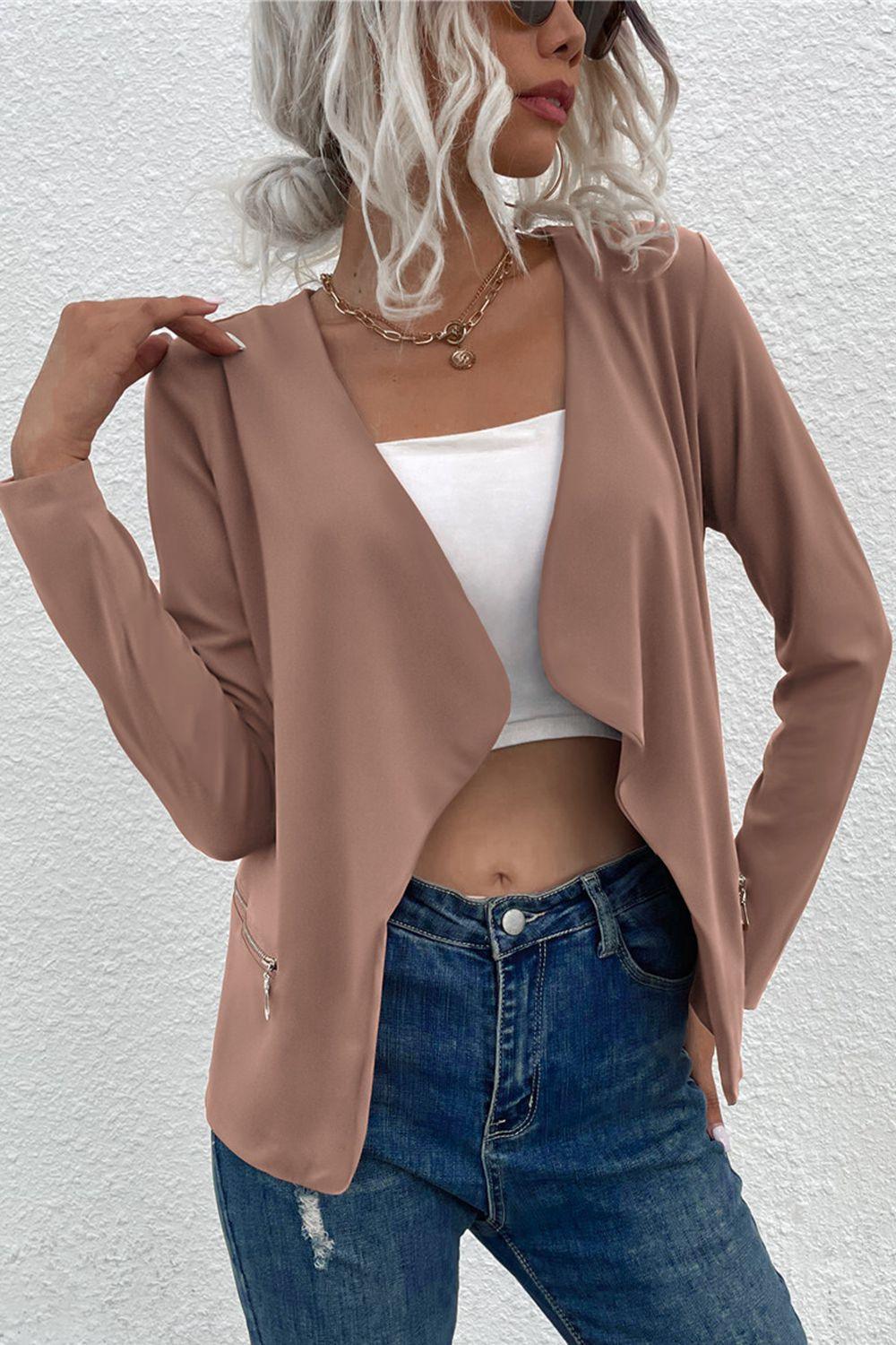 Open Front Zipper Pocket Cardigan - Cardigan