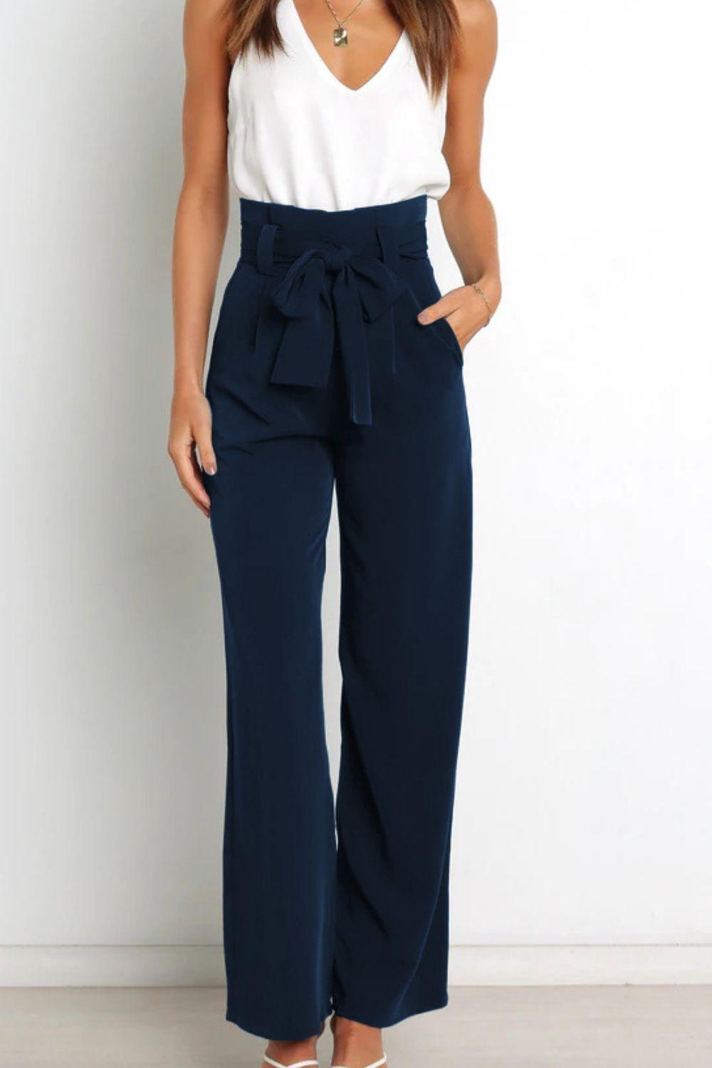 Tie Front Paperbag Wide Leg Pants - Pant