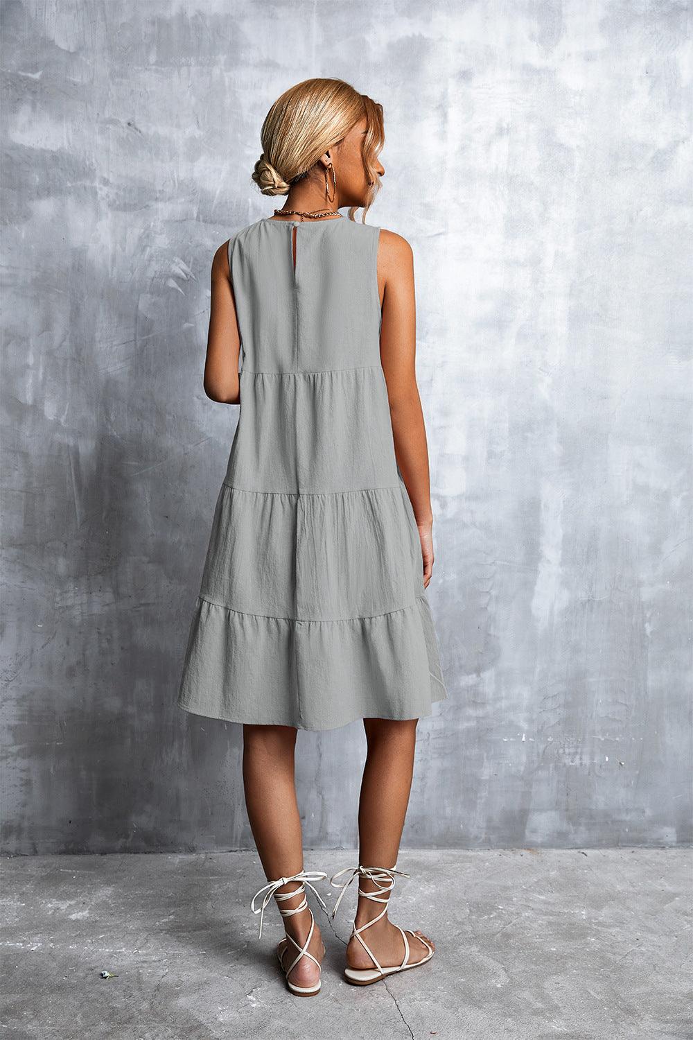 Sleeveless Round Neck Tiered Knee-Length Dress - Dresses