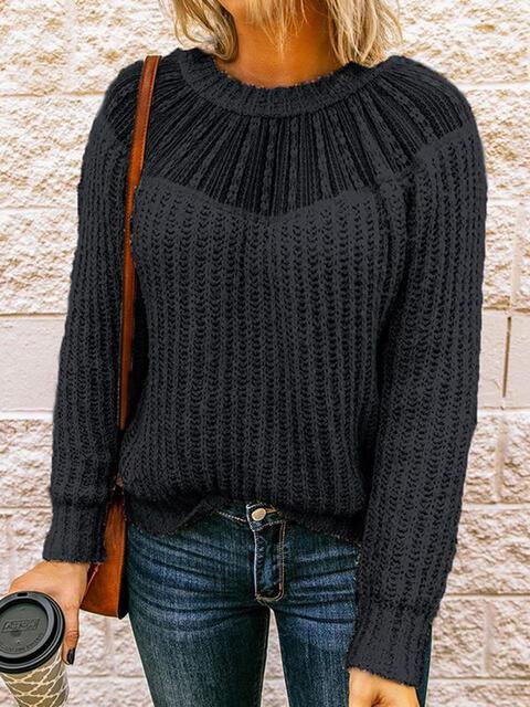 Round Neck Rib-Knit Pullover Sweater - Sweater