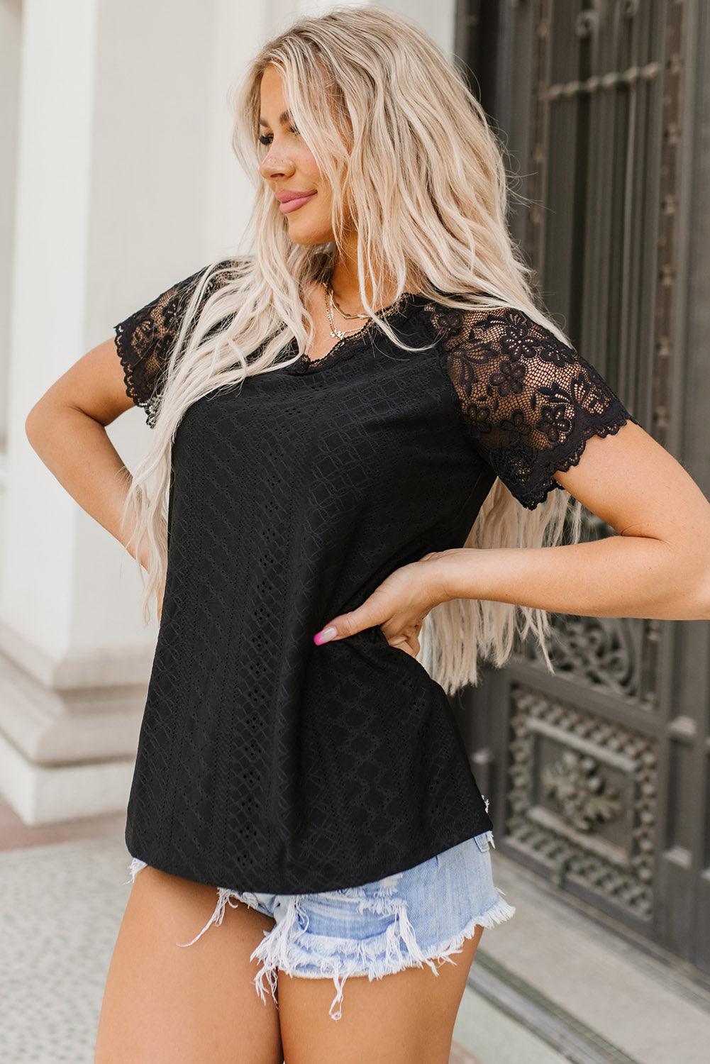 V-Neck Short Sleeve Lace Trim Top - Top