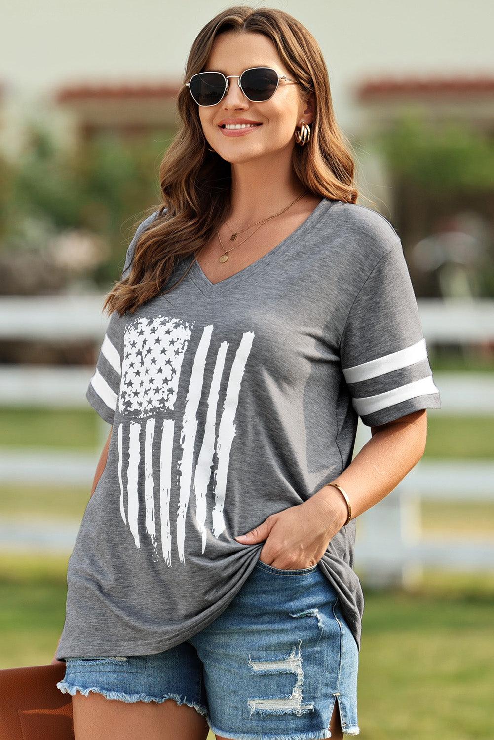 Plus Size US Flag Graphic V-Neck Top - Top