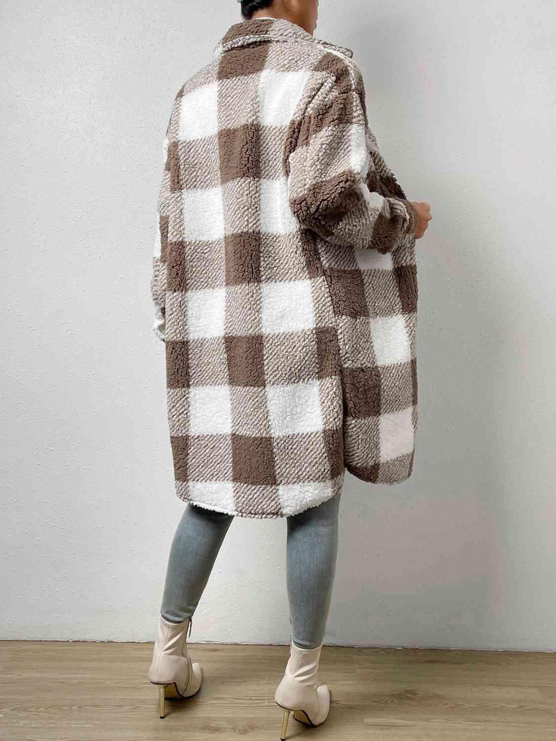 Plaid Button Down Fleece Coat - Coat