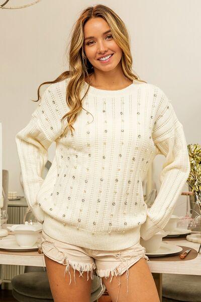 BiBi Pearl & Rhinestone Decor Sweater - Sweater