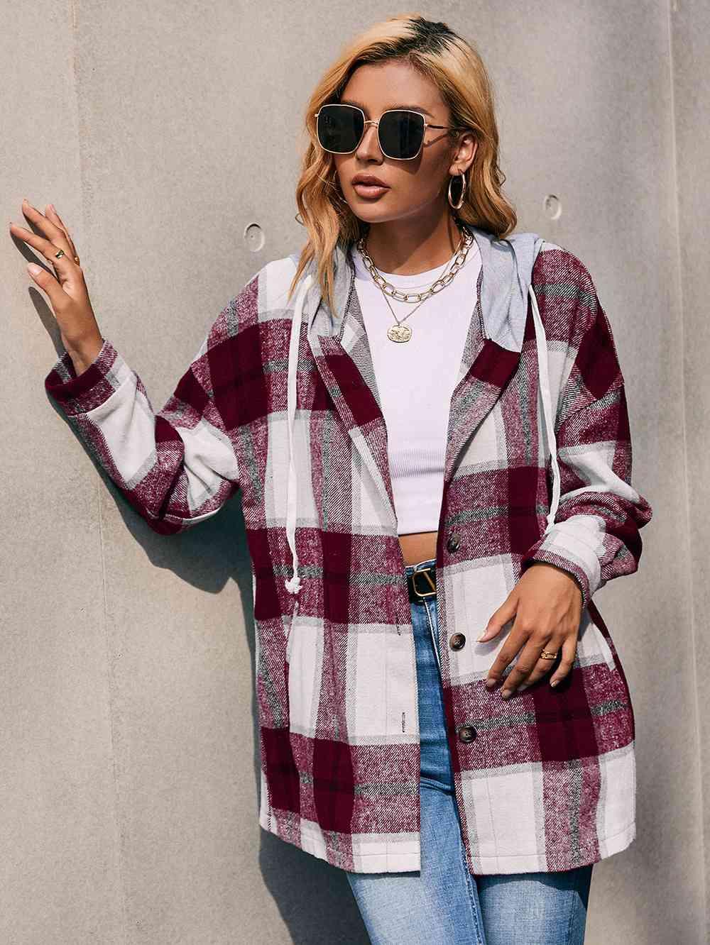 Plaid Dropped Shoulder Hooded Shacket - Jacket