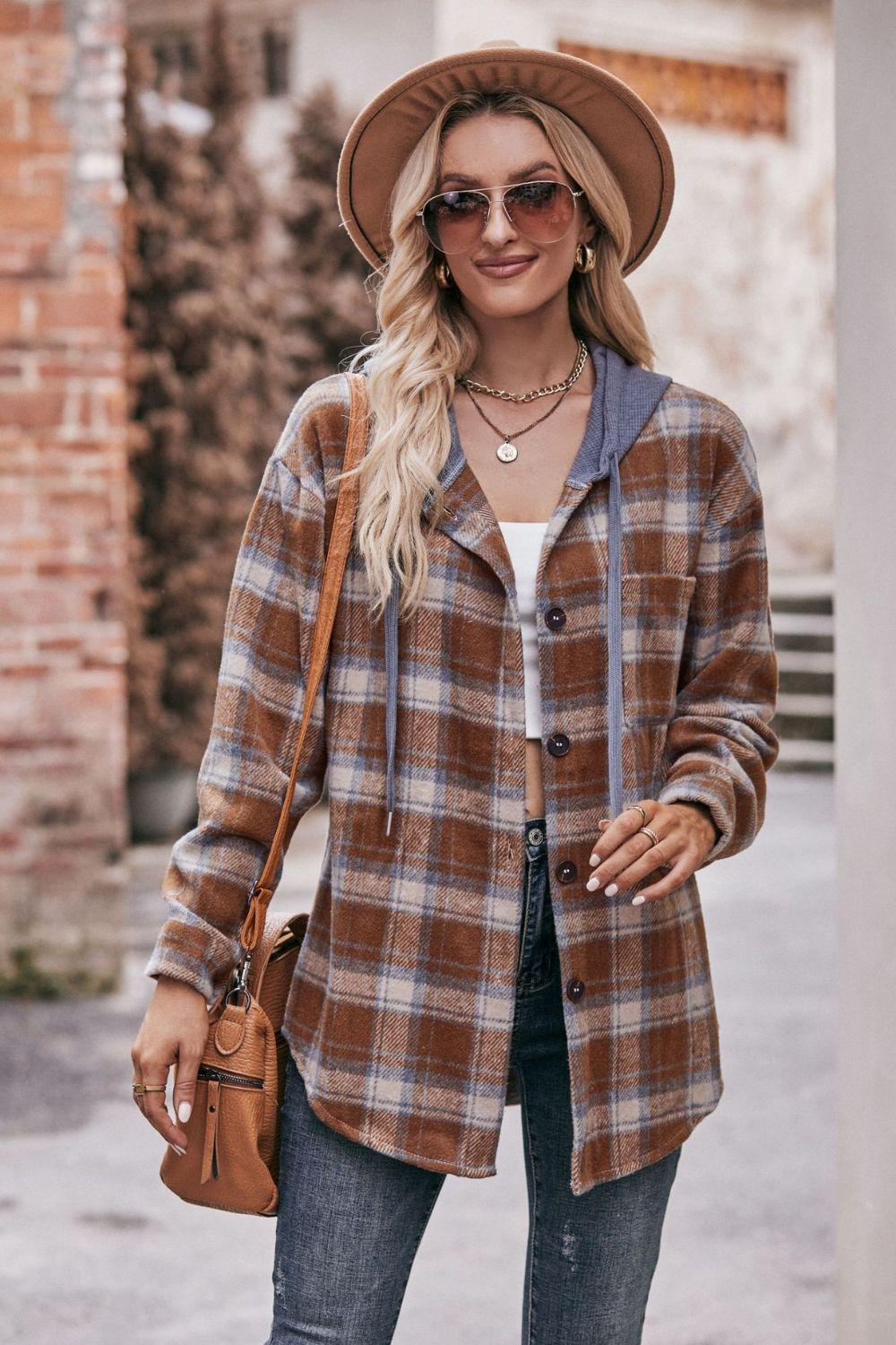 Plaid Dropped Shoulder Hooded Longline Shirt Jacket - Jacket