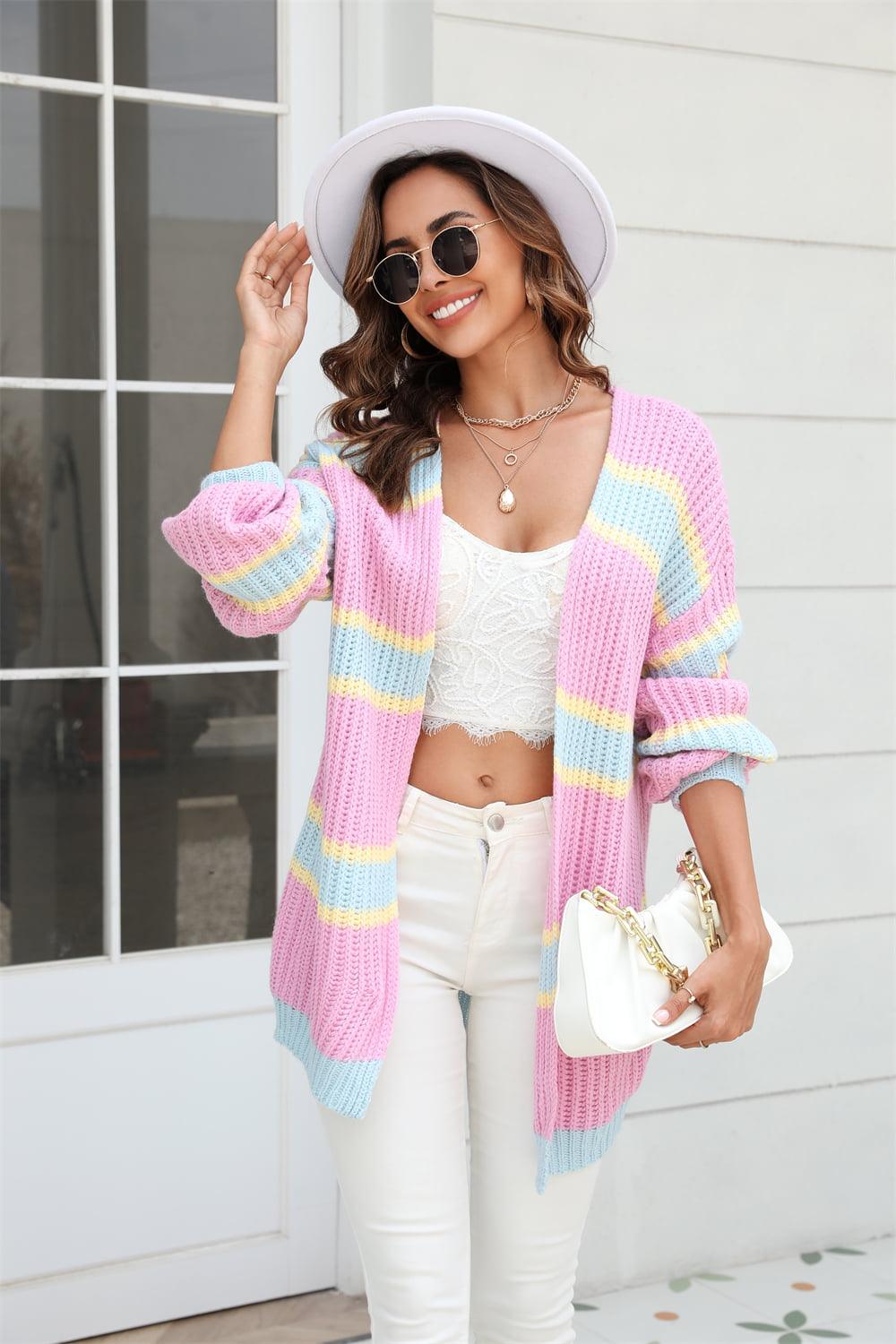 Color Block Ribbed Open Front Cardigan - Cardigan