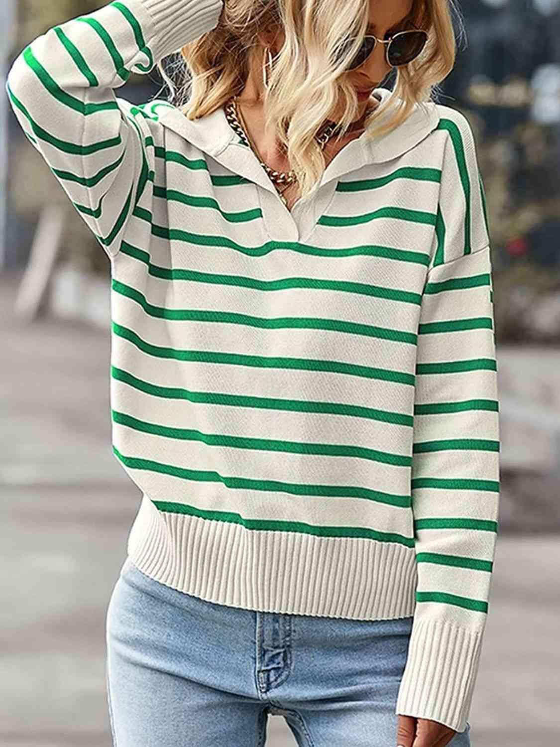 Striped Collared Neck Knit Top - Top