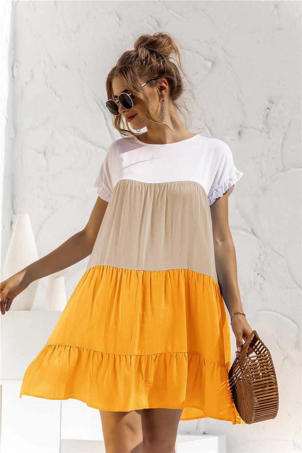 Color Block Round Neck Ruffle Hem Tiered Short Dress - Dresses