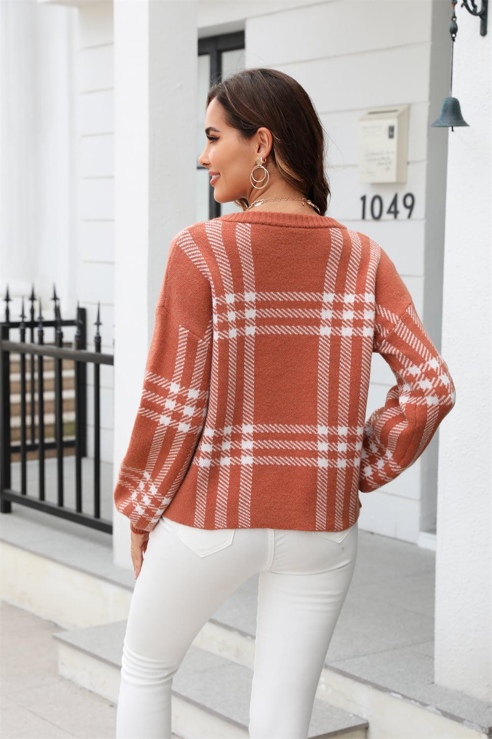 Plaid Round Neck Dropped Shoulder Sweater - Sweater