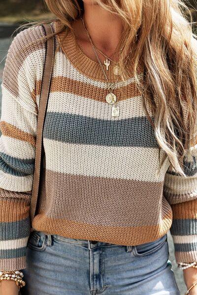 Striped Round Neck Dropped Shoulder Sweater - Sweater