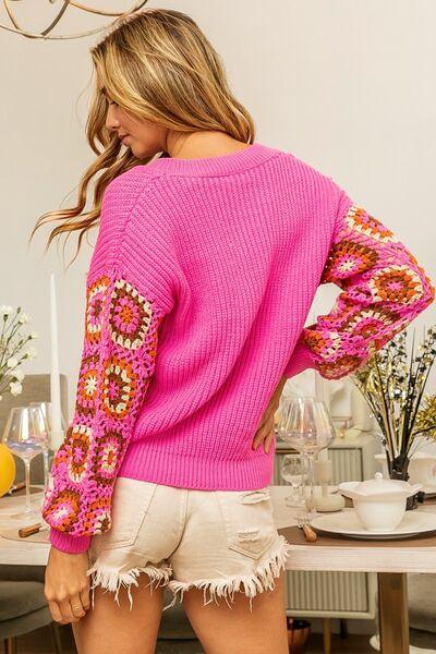 BiBi V-Neck Crochet Long Sleeve Sweater - Sweater