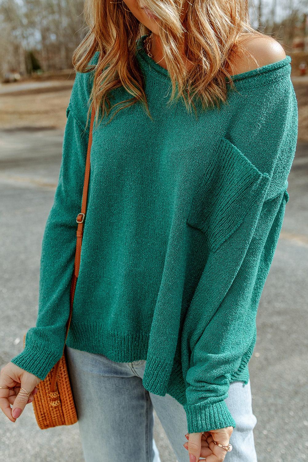 Dropped Shoulder Boat Neck Sweater with Pocket - Sweater