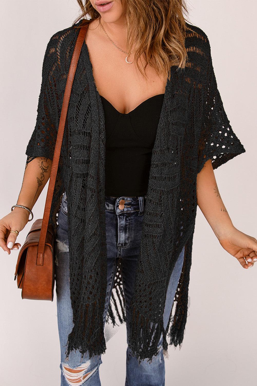 Open Work Fringe Hem Slit Open Front Cardigan - Cardigan